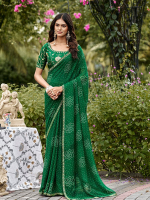 Peachmode Green Bandhani Printed Georgette Saree With Embroidered Border - Image 1