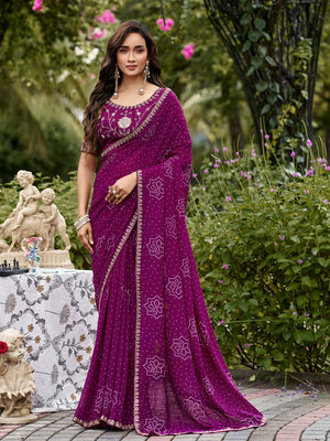 Peachmode Magenta Bandhani Printed Georgette Saree With Embroidered Border - Image 1