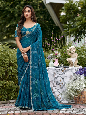 Peachmode Teal Bandhani Printed Georgette Saree With Embroidered Border - Image 1