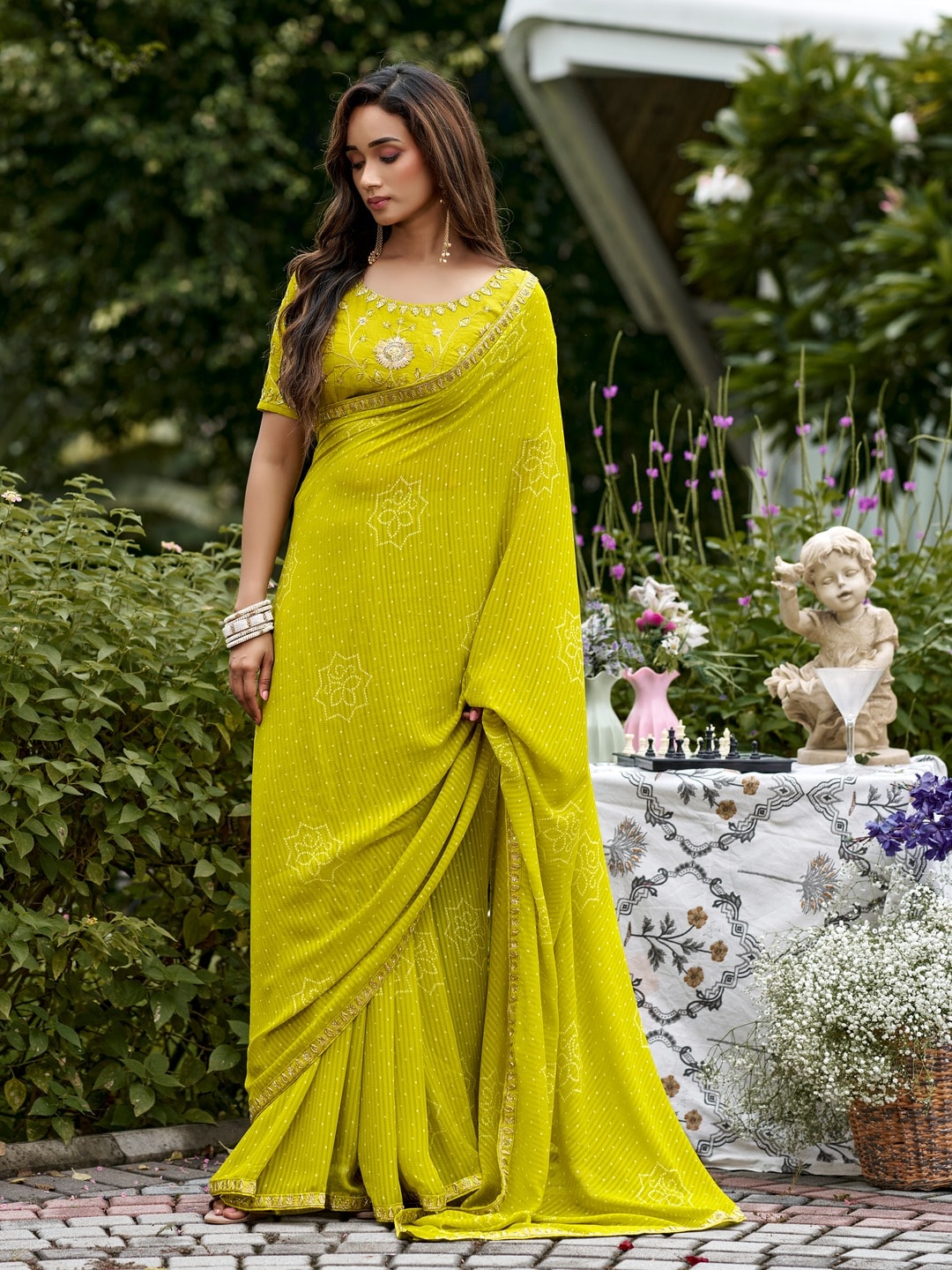 Peachmode Lime Green Bandhani Printed Georgette Saree With Embroidered Border - Image 1
