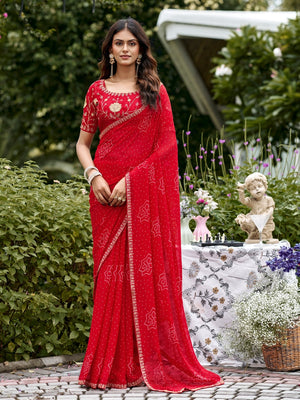 Peachmode Red Bandhani Printed Georgette Saree With Embroidered Border - Image 1