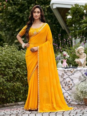 Peachmode Yellow Bandhani Printed Georgette Saree With Embroidered Border - Image 1