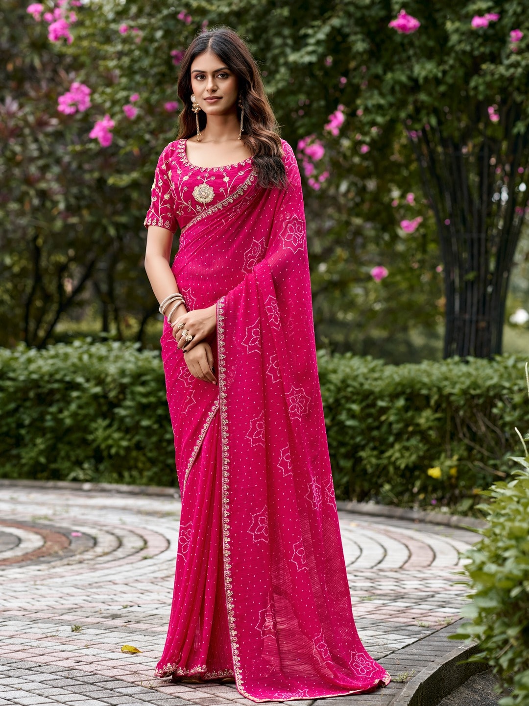 Peachmode Pink Bandhani Printed Georgette Saree With Embroidered Border - Image 1