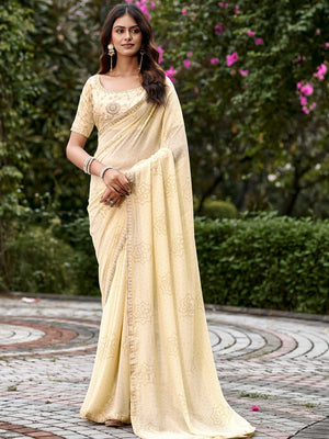 Peachmode Cream Bandhani Printed Georgette Saree With Embroidered Border - Image 1