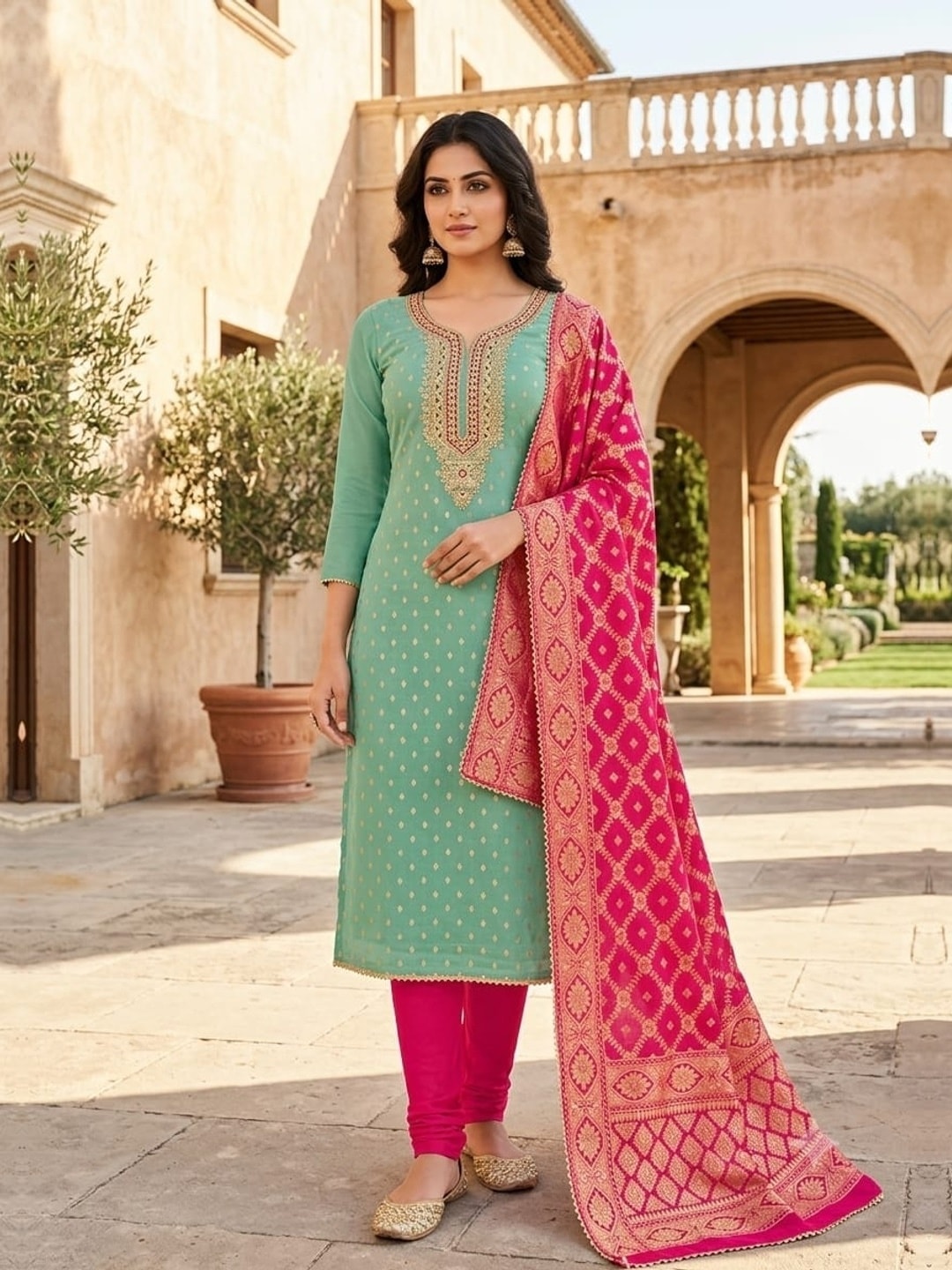 Peachmode Mint Shimmer Silk Unstitched Dress Material With Sequence Neck Work And Banarasi Jacquard Dupatta - Image 2