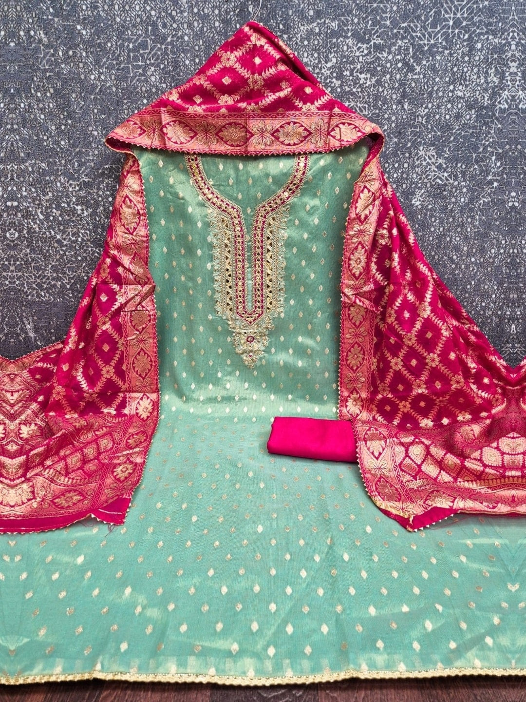 Peachmode Mint Shimmer Silk Unstitched Dress Material With Sequence Neck Work And Banarasi Jacquard Dupatta - Image 3