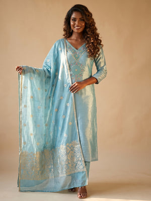 Peachmode Powder Blue Barbari Silk Unstitched Dress Material With V-Neck Floral Thread Embroidery - Image 2