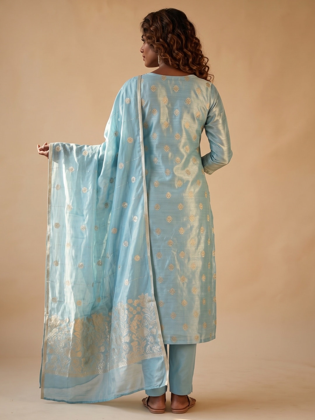 Peachmode Powder Blue Barbari Silk Unstitched Dress Material With V-Neck Floral Thread Embroidery - Image 3