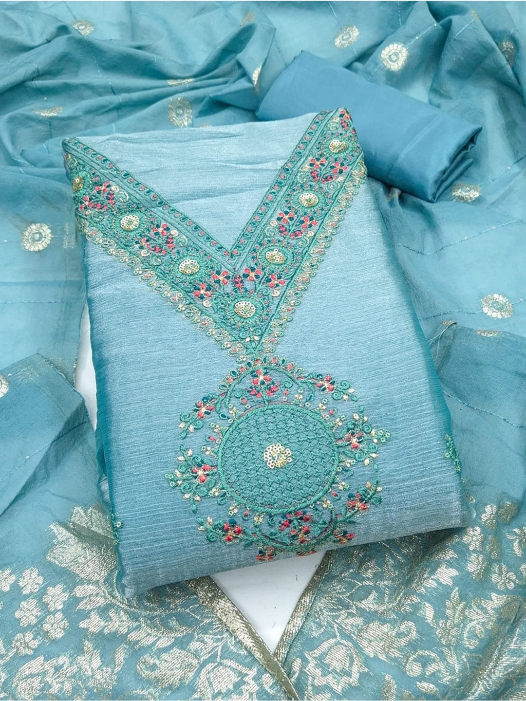 Peachmode Powder Blue Barbari Silk Unstitched Dress Material With V-Neck Floral Thread Embroidery - Image 4