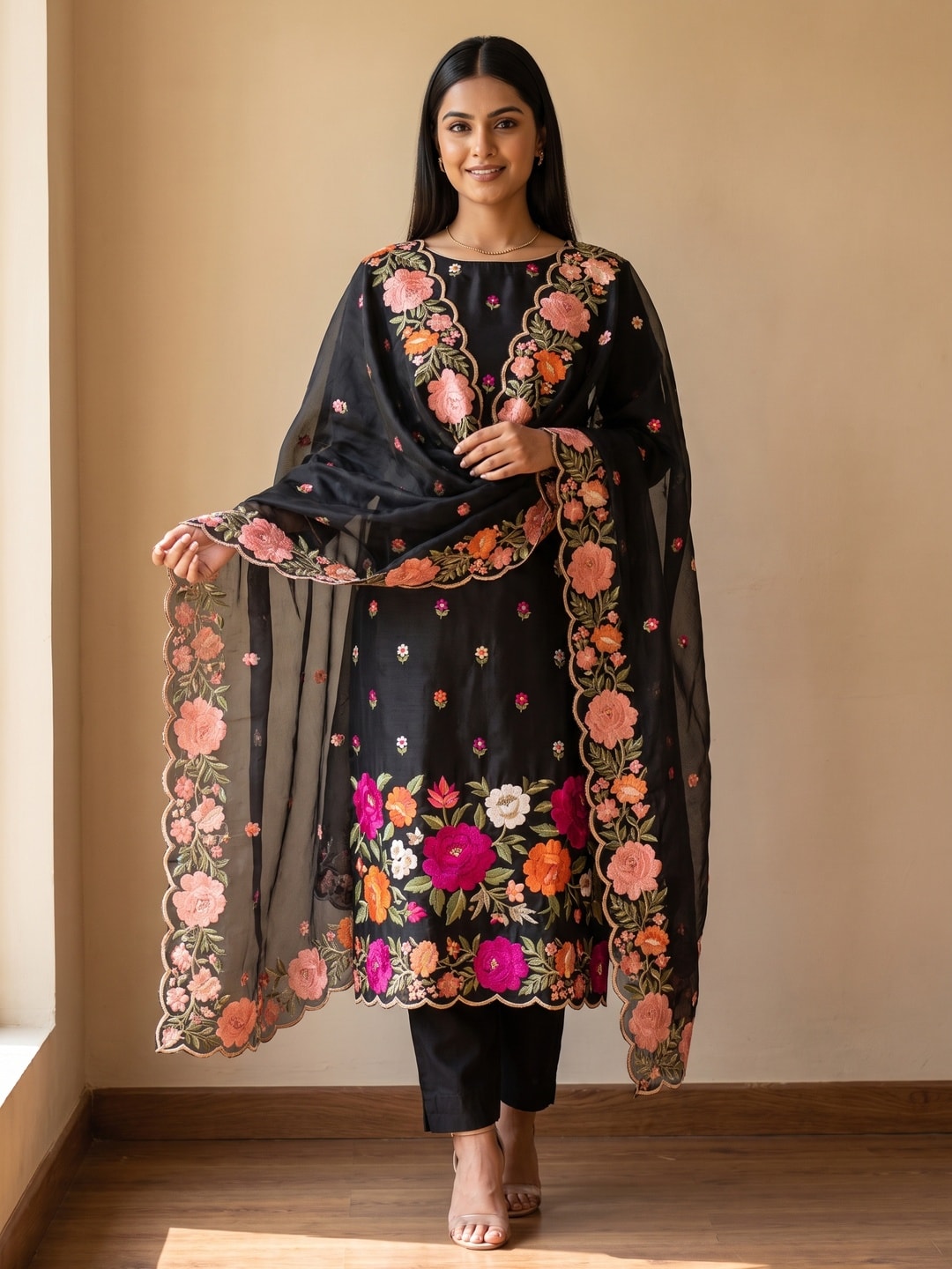 Peachmode Black Roman Silk Unstitched Dress Material With Multi Thread Work And Organza Dupatta - Image 2