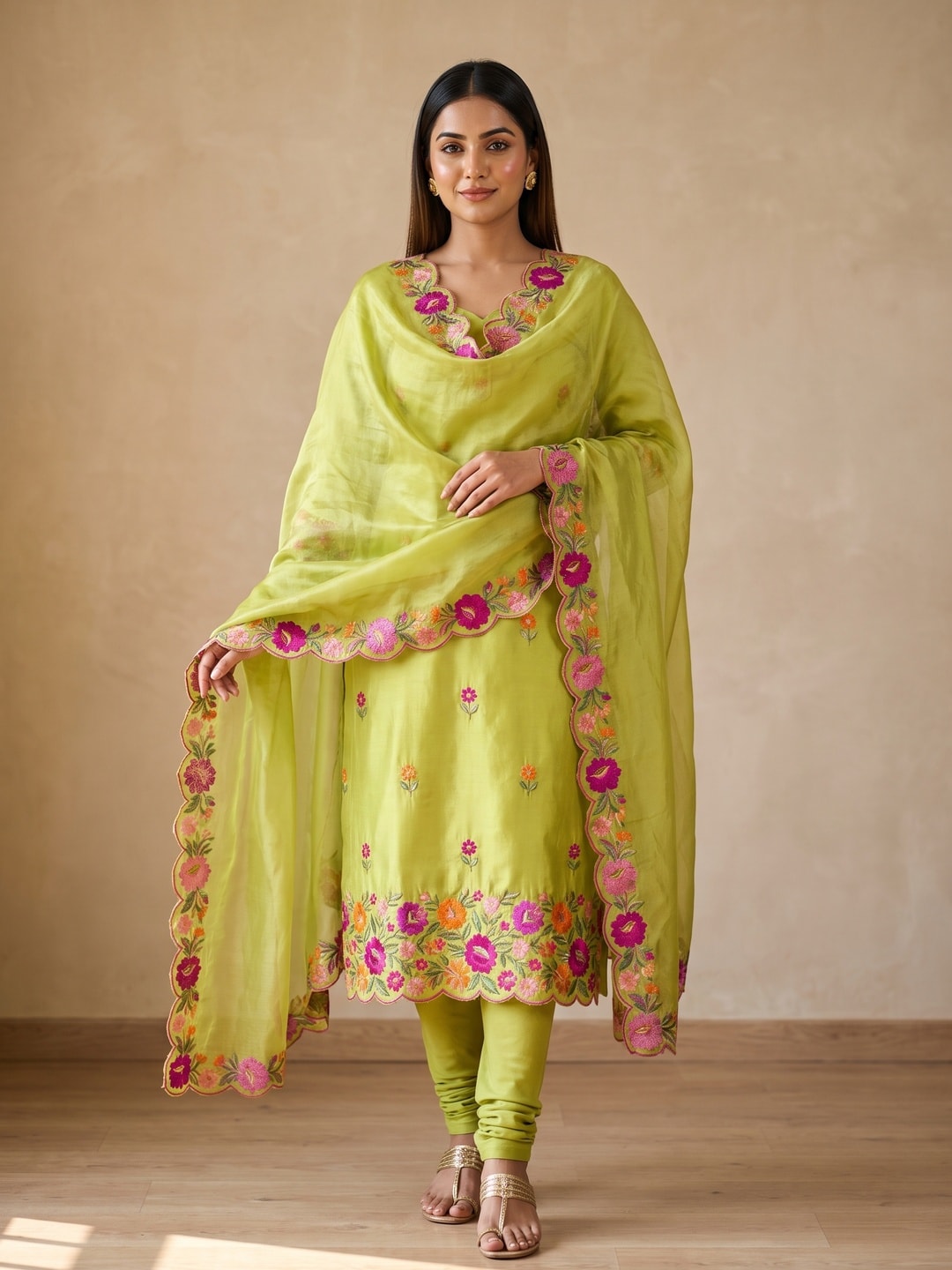 Peachmode Lime Green Roman Silk Unstitched Dress Material With Multi Thread Work And Organza Dupatta - Image 2