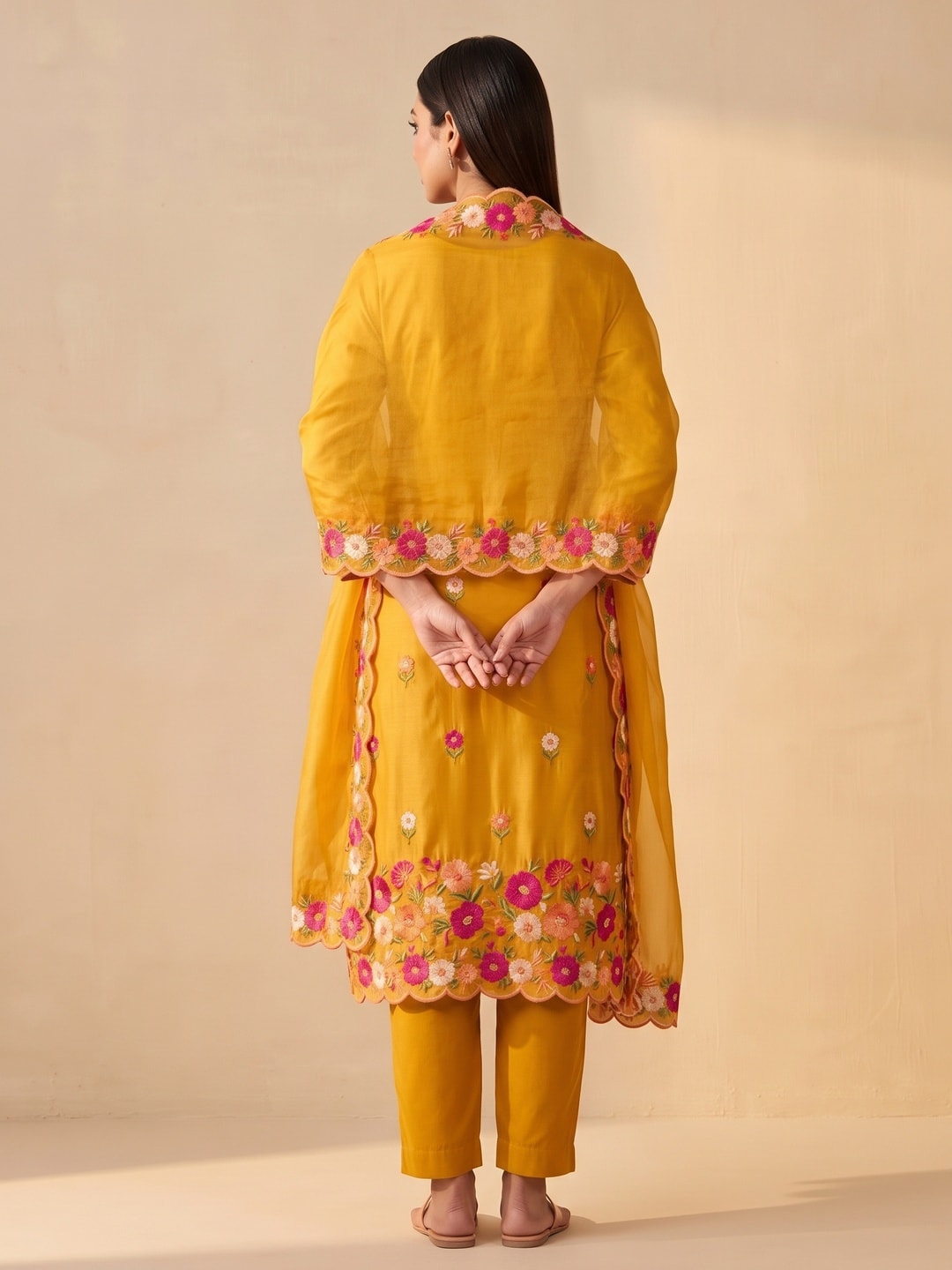 Peachmode Mustard Roman Silk Unstitched Dress Material With Multi Thread Work And Organza Dupatta - Image 3