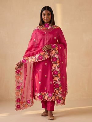 Peachmode Pink Roman Silk Unstitched Dress Material With Multi Thread Work And Organza Dupatta - Image 2
