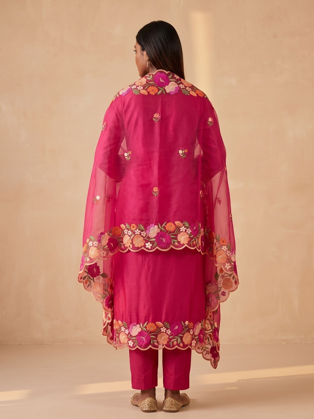 Peachmode Pink Roman Silk Unstitched Dress Material With Multi Thread Work And Organza Dupatta - Image 3