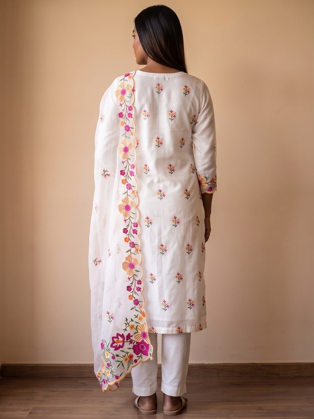 Peachmode White Roman Silk Unstitched Dress Material With Multi Thread Work And Organza Dupatta - Image 3