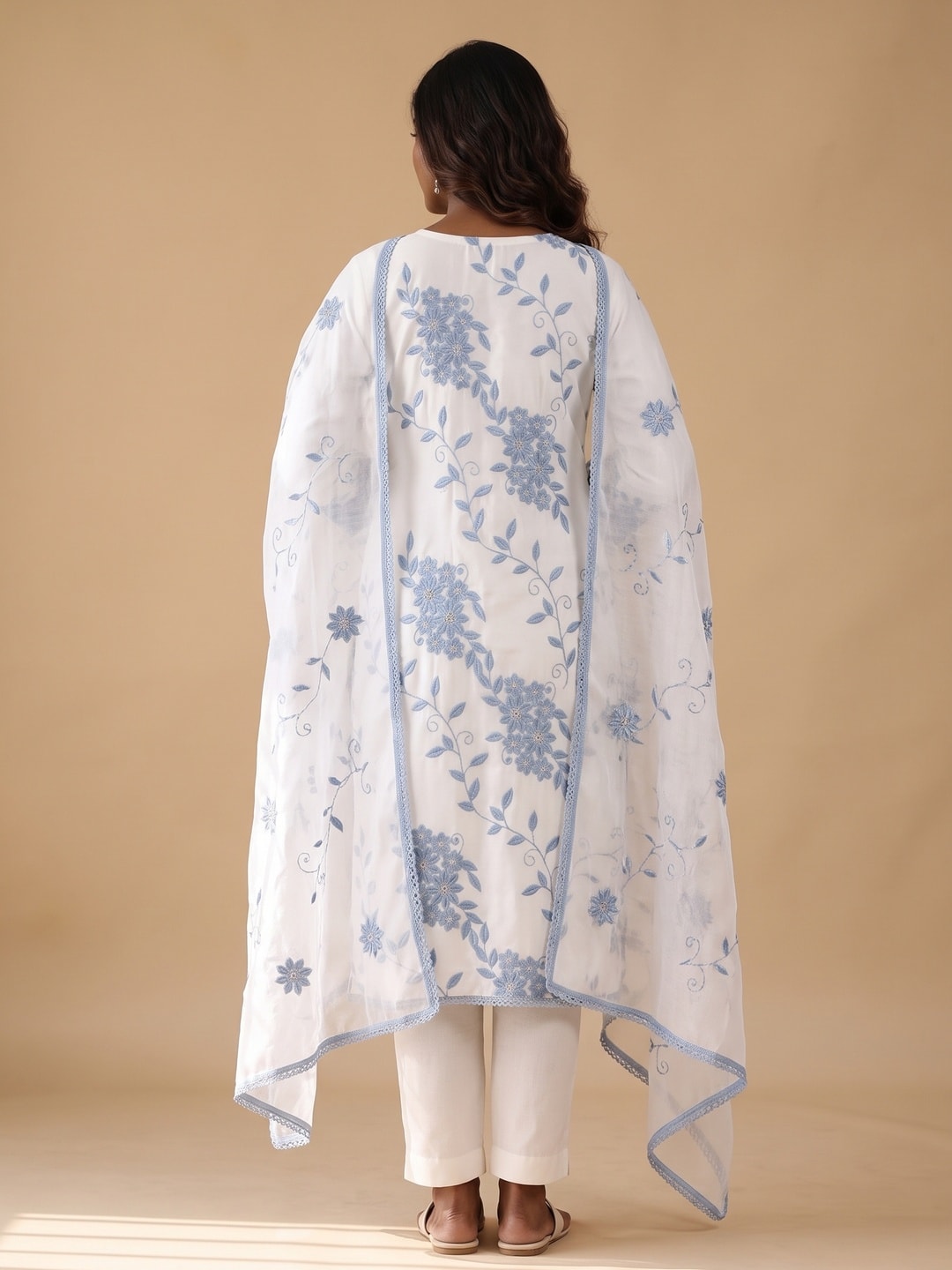 Peachmode Blue Roman Silk Unstitched Dress Material With Contrast Floral Vine Embroidery - Image 3