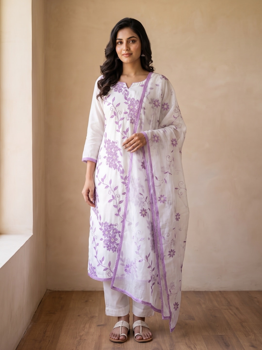 Peachmode Lilac Roman Silk Unstitched Dress Material With Contrast Floral Vine Embroidery - Image 2