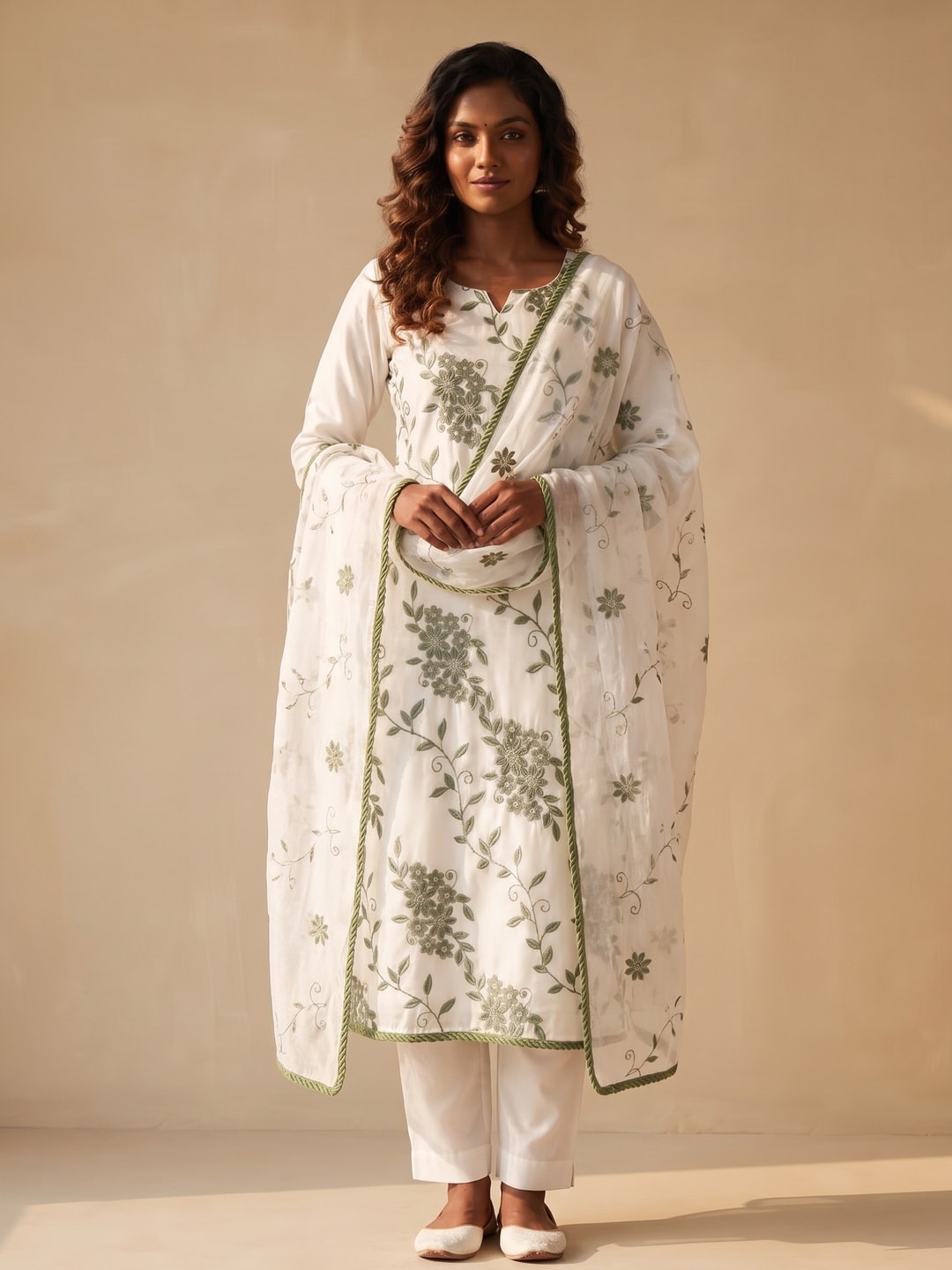 Peachmode Sage Roman Silk Unstitched Dress Material With Contrast Floral Vine Embroidery - Image 2
