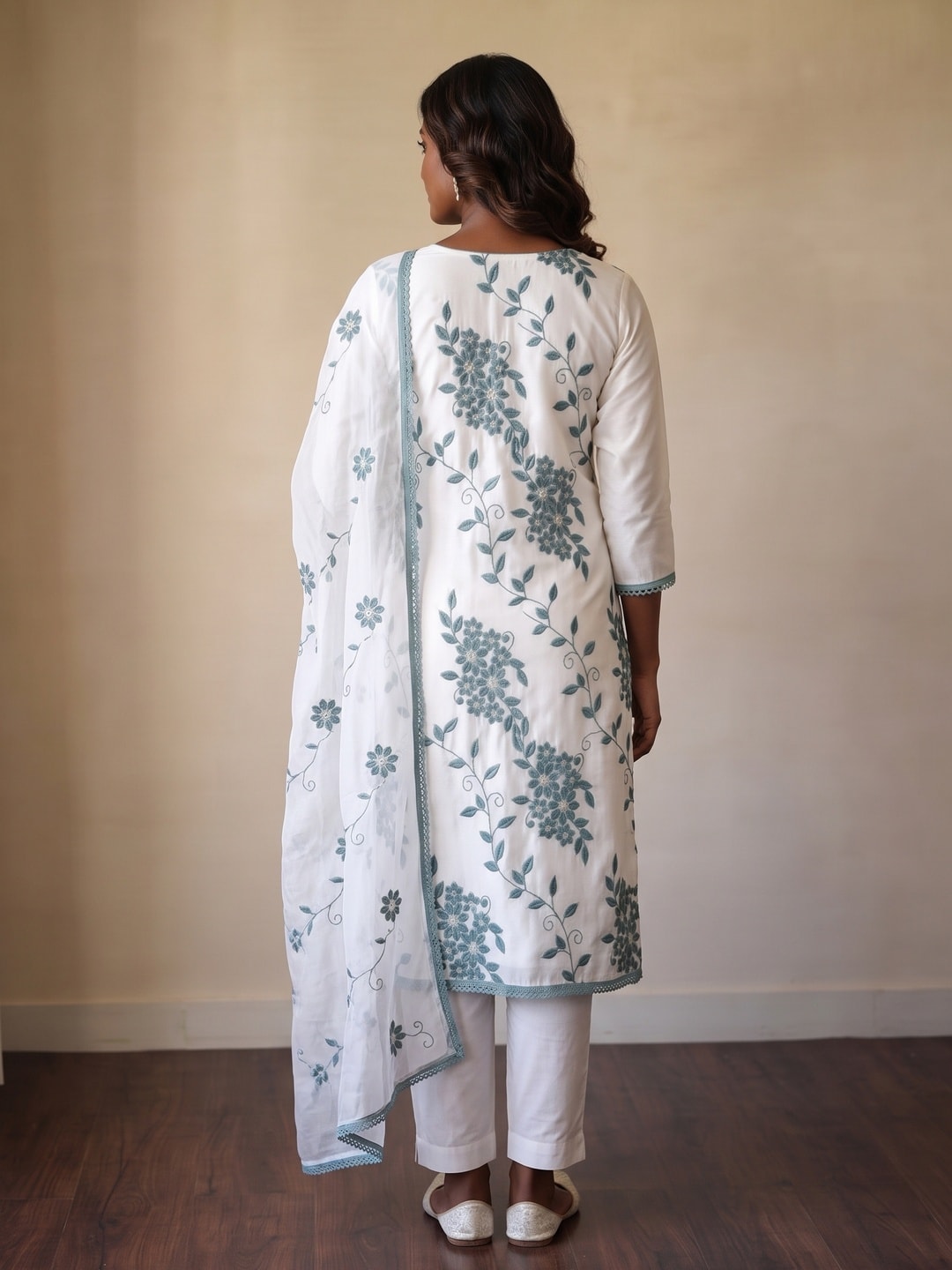 Peachmode Teal Roman Silk Unstitched Dress Material With Contrast Floral Vine Embroidery - Image 3