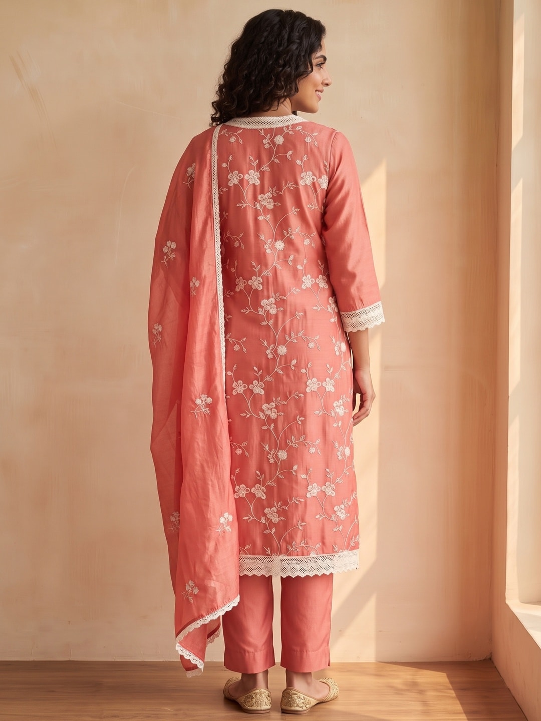 Peachmode Dusty Rose Roman Silk Unstitched Dress Material With White Floral Vine Embroidery - Image 3