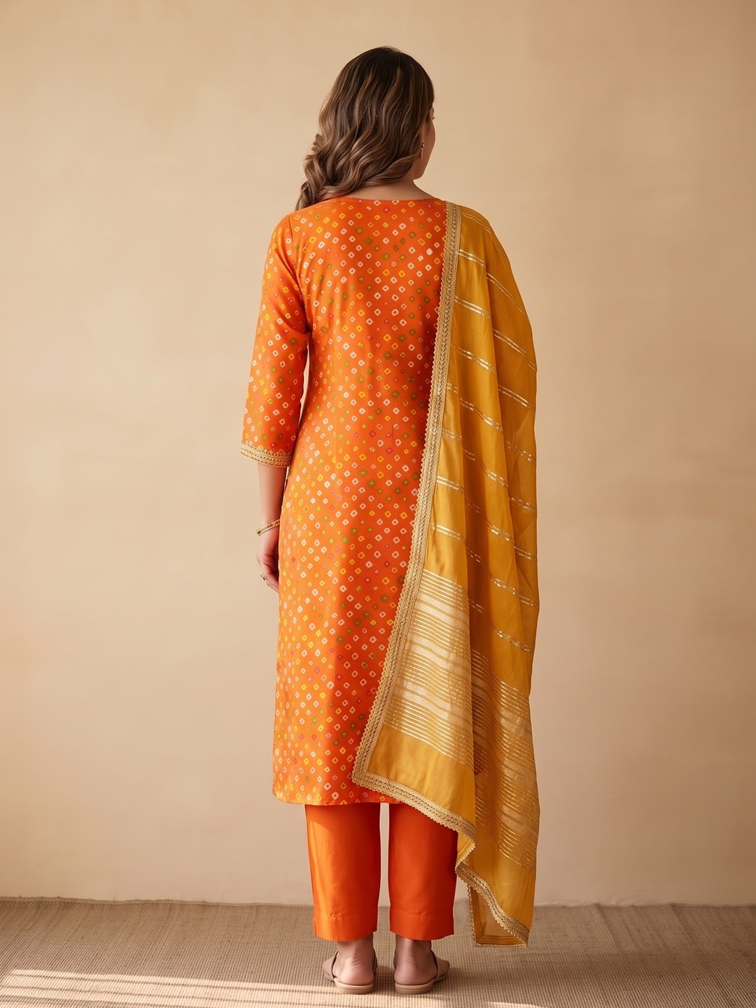 Peachmode Orange Rayon Bandhani Print Unstitched Dress Material With Zari Neck Embroidery - Image 3