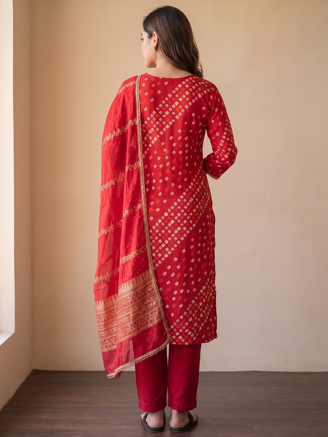 Peachmode Red Rayon Bandhani Print Unstitched Dress Material With Zari Neck Embroidery - Image 3