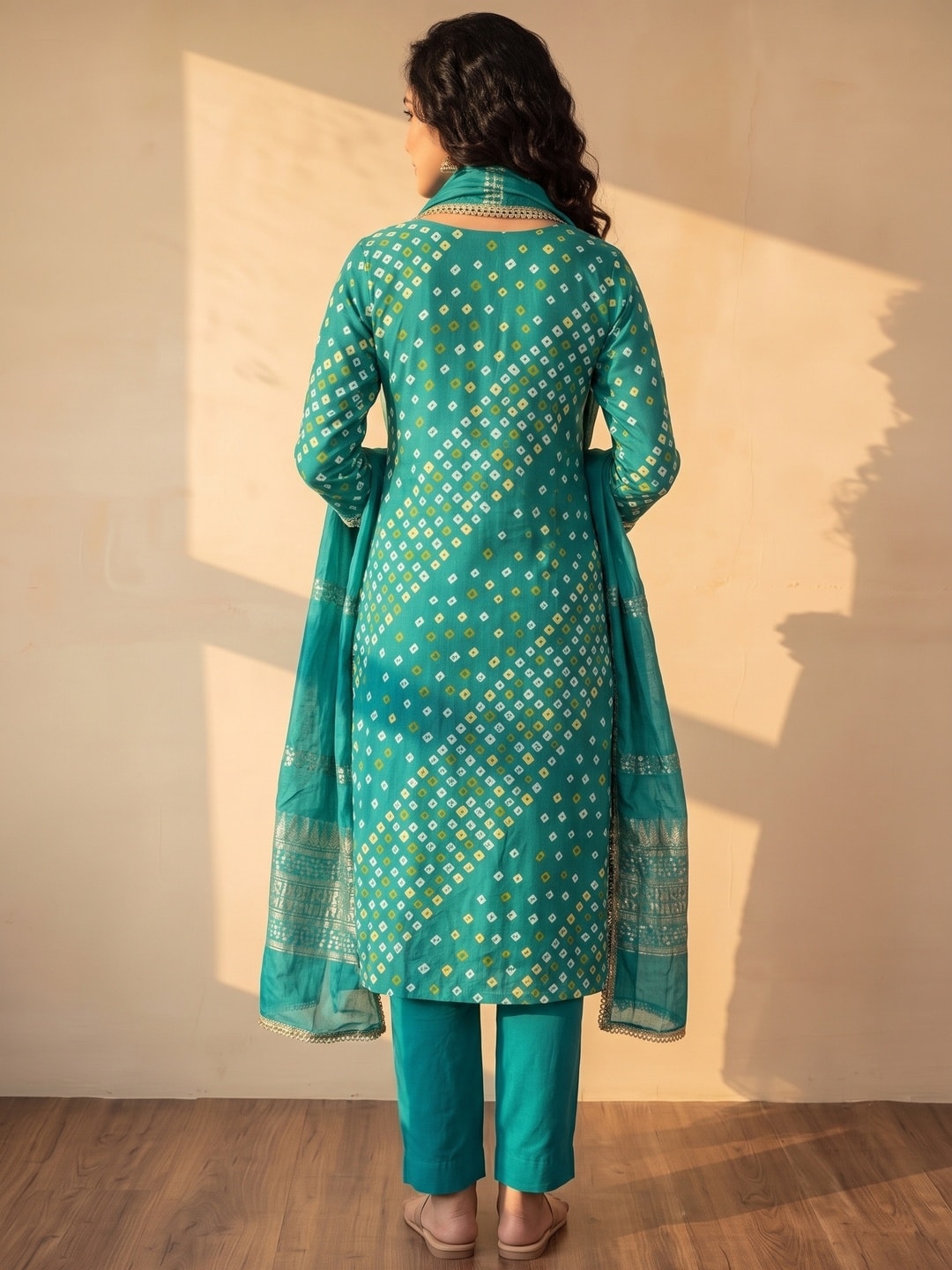 Peachmode Teal Rayon Bandhani Print Unstitched Dress Material With Zari Neck Embroidery - Image 3