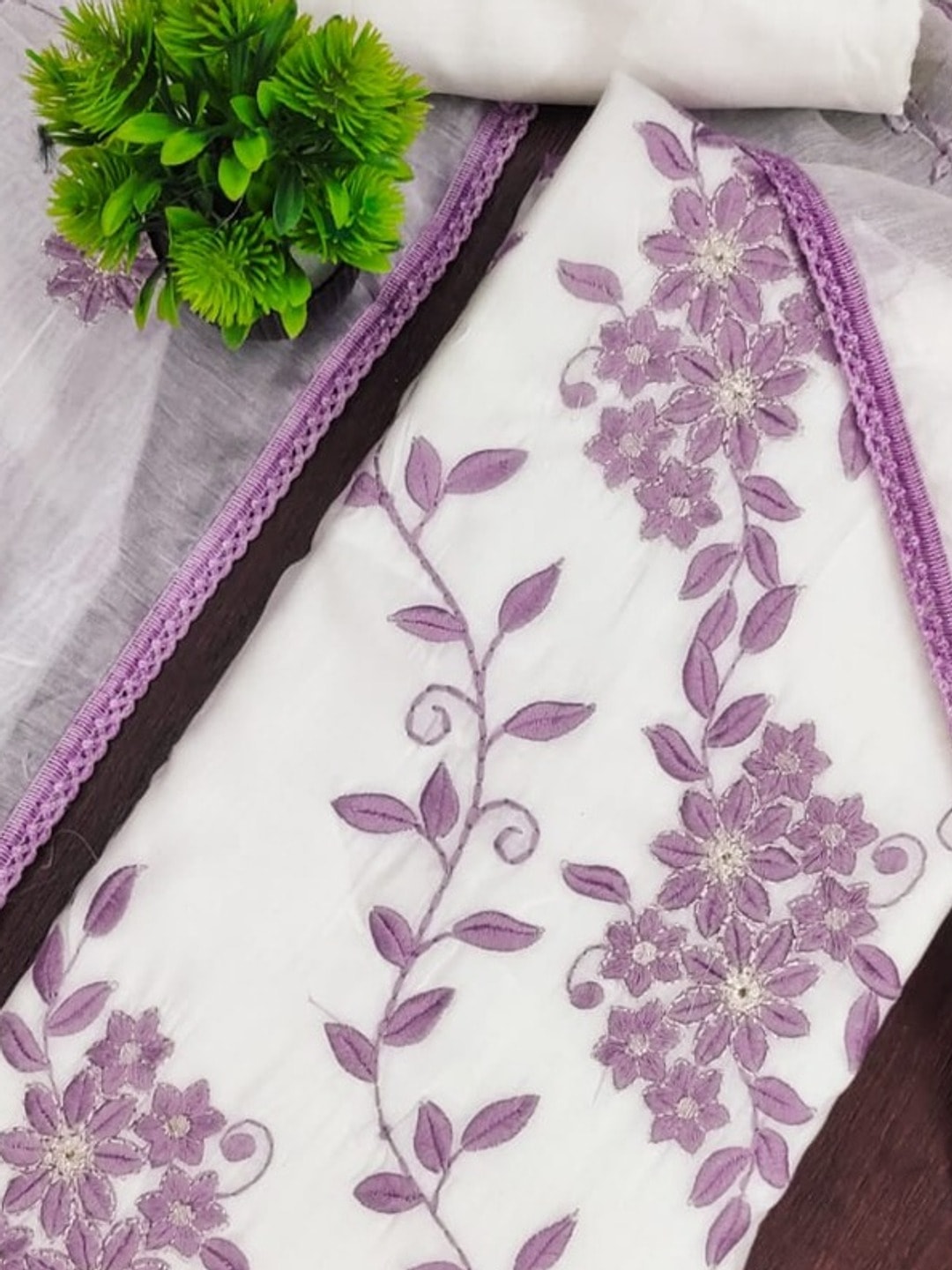 Peachmode Lilac Roman Silk Unstitched Dress Material With Contrast Floral Vine Embroidery - Image 5
