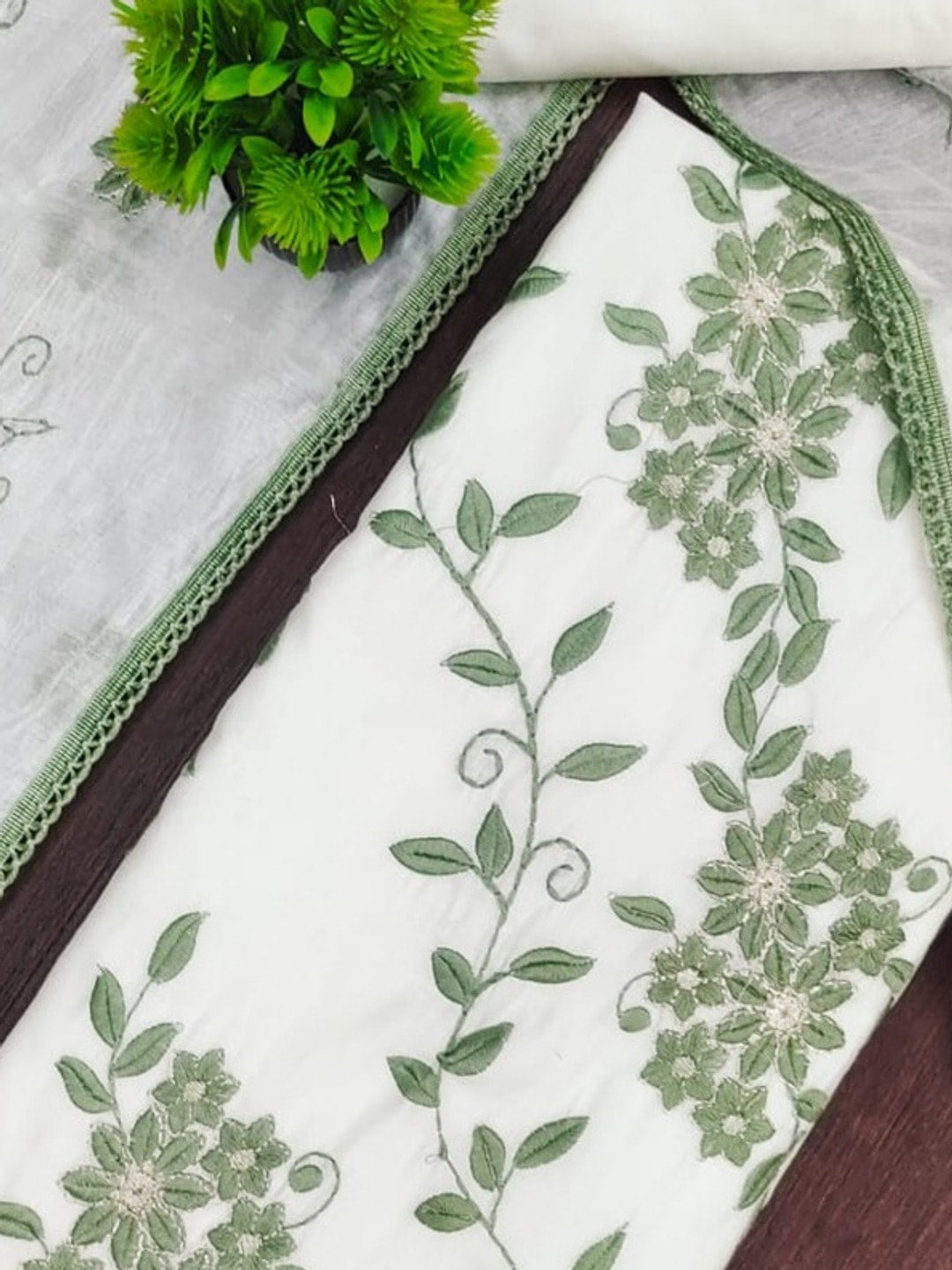 Peachmode Sage Roman Silk Unstitched Dress Material With Contrast Floral Vine Embroidery - Image 5