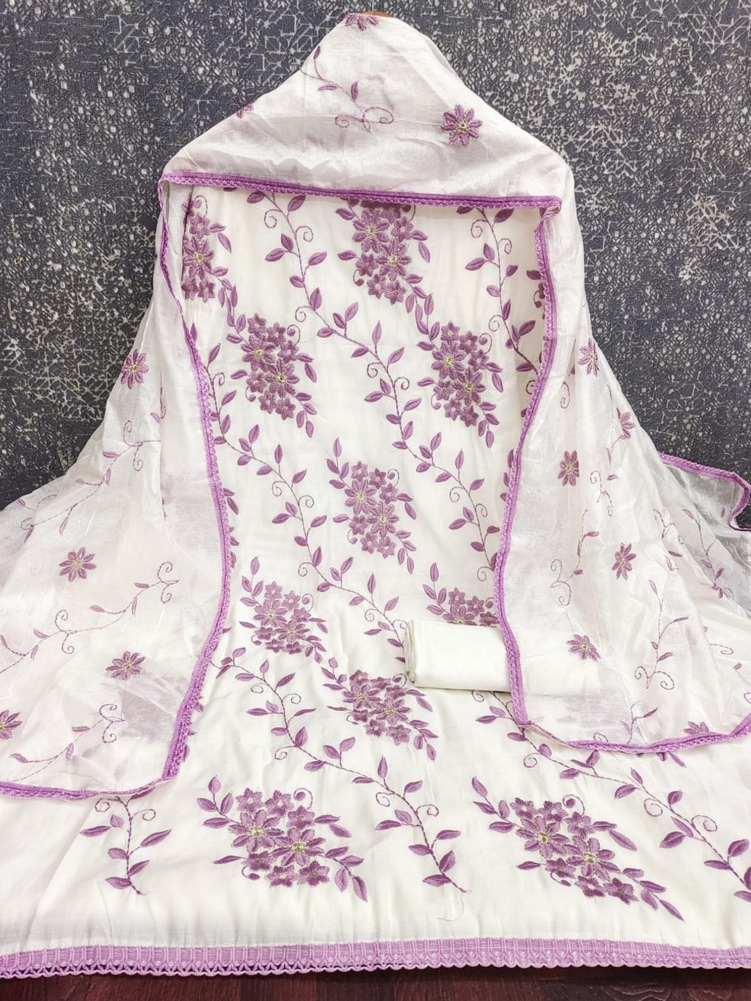 Peachmode Lilac Roman Silk Unstitched Dress Material With Contrast Floral Vine Embroidery - Image 4