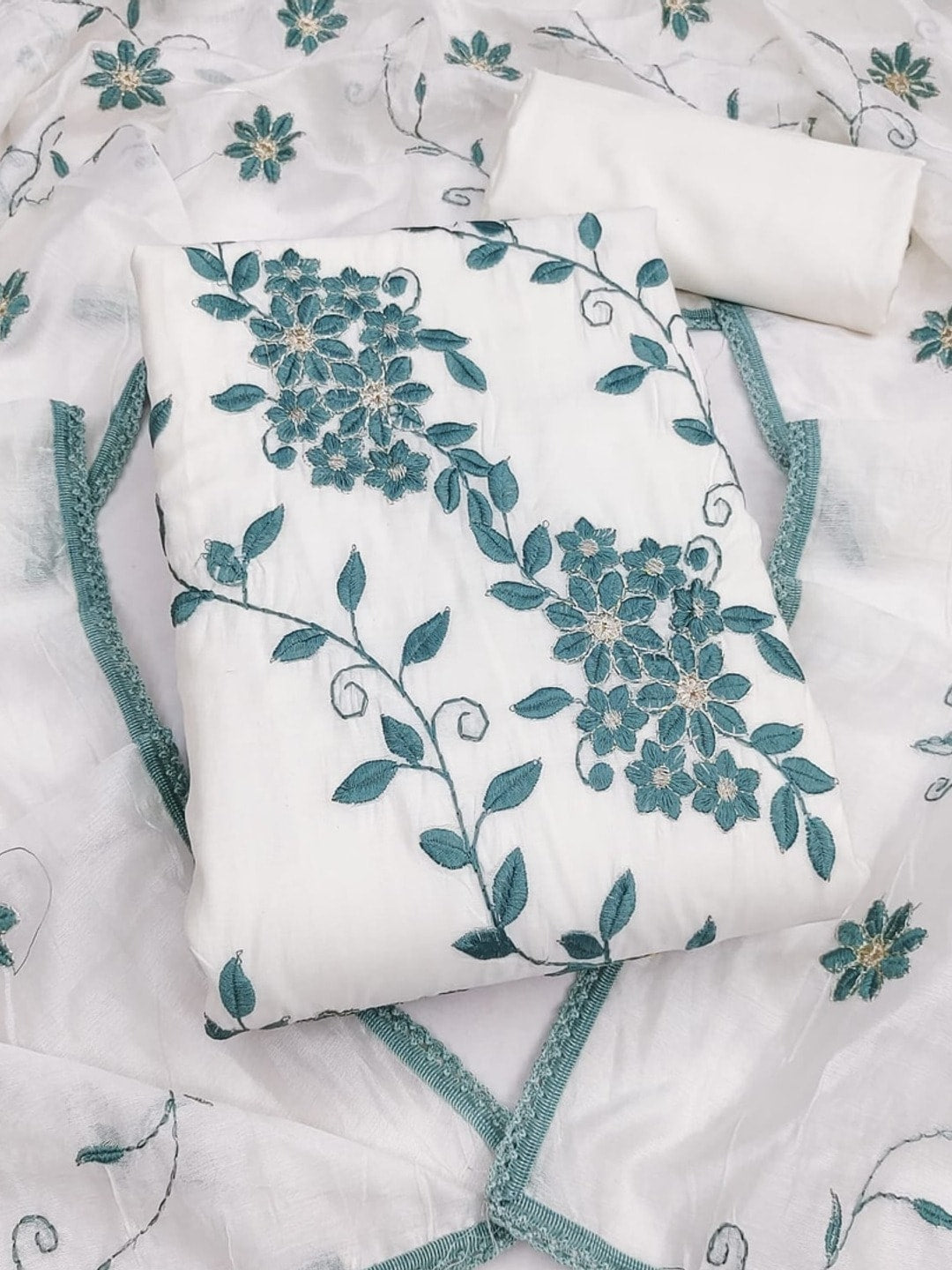 Peachmode Teal Roman Silk Unstitched Dress Material With Contrast Floral Vine Embroidery - Image 4