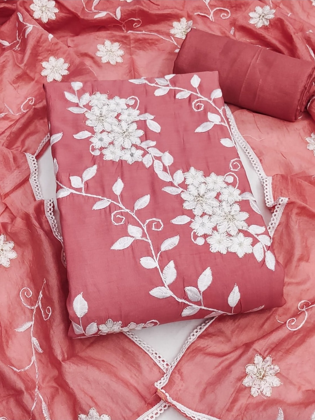 Peachmode Dusty Rose Roman Silk Unstitched Dress Material With White Floral Vine Embroidery - Image 4