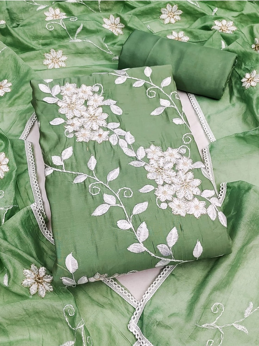Peachmode Green Roman Silk Unstitched Dress Material With White Floral Vine Embroidery - Image 4