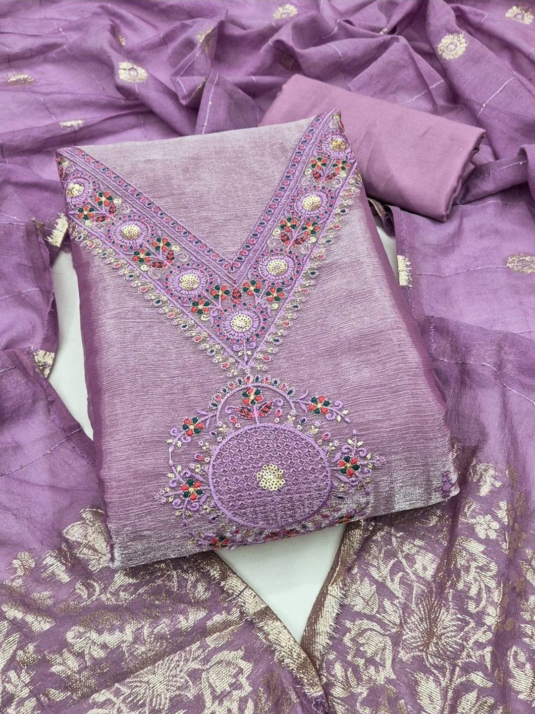 Peachmode Lavender Barbari Silk Unstitched Dress Material With V-Neck Floral Thread Embroidery - Image 3