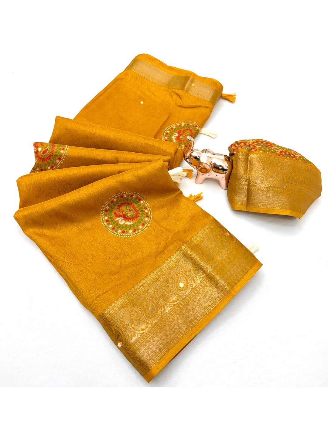 Peachmode Mustard Benny Cotton Saree With Aari Mirror Work And Jacquard Border - Image 4