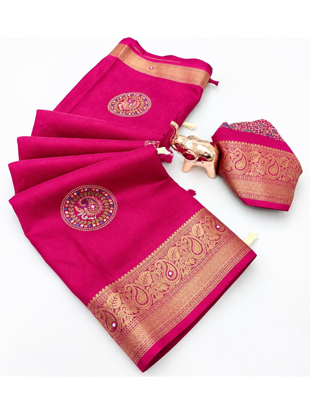 Peachmode Rani Pink Benny Cotton Saree With Aari Mirror Work And Jacquard Border - Image 4