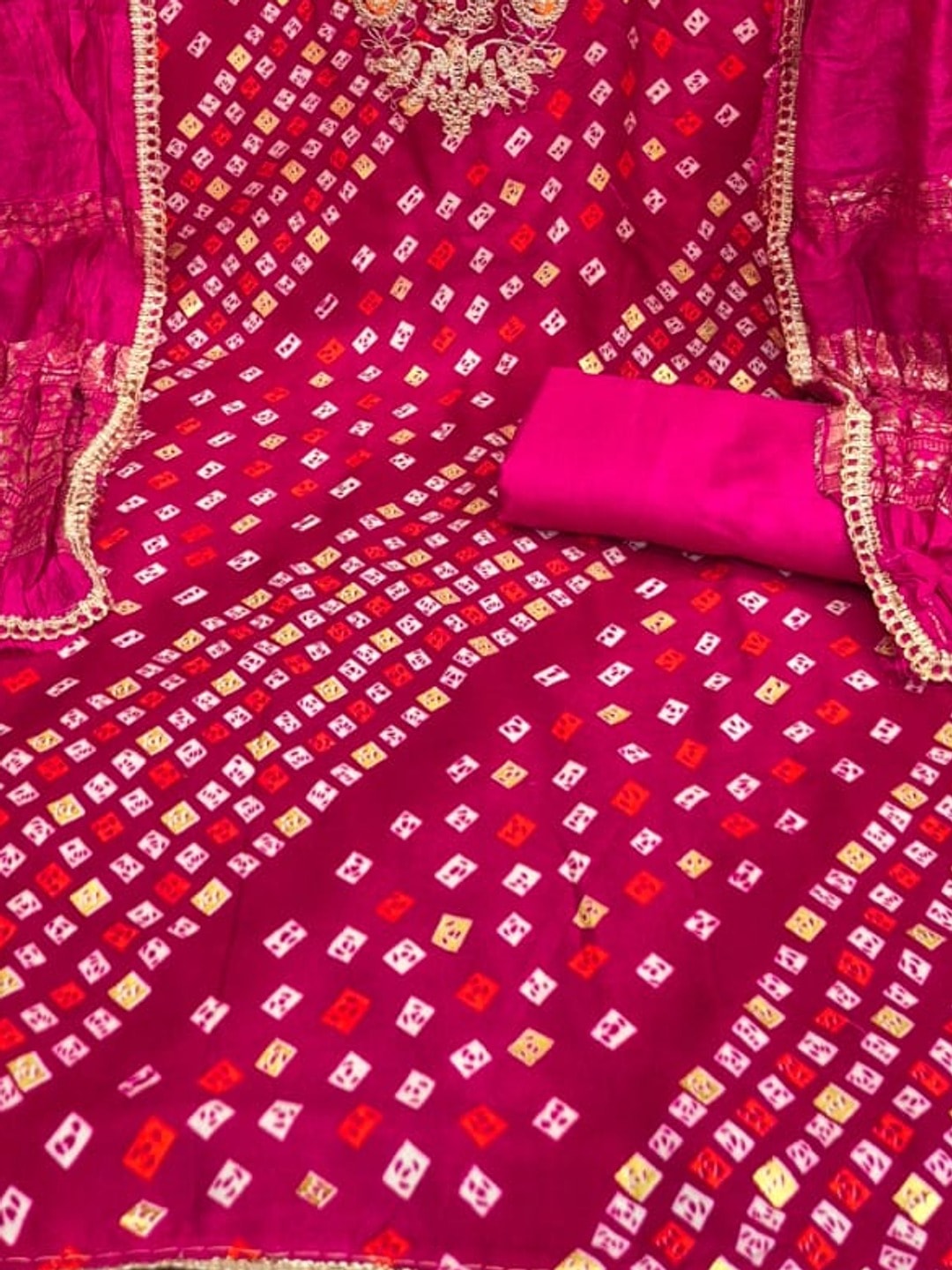 Peachmode Rani Pink Rayon Bandhani Print Unstitched Dress Material With Zari Neck Embroidery - Image 6