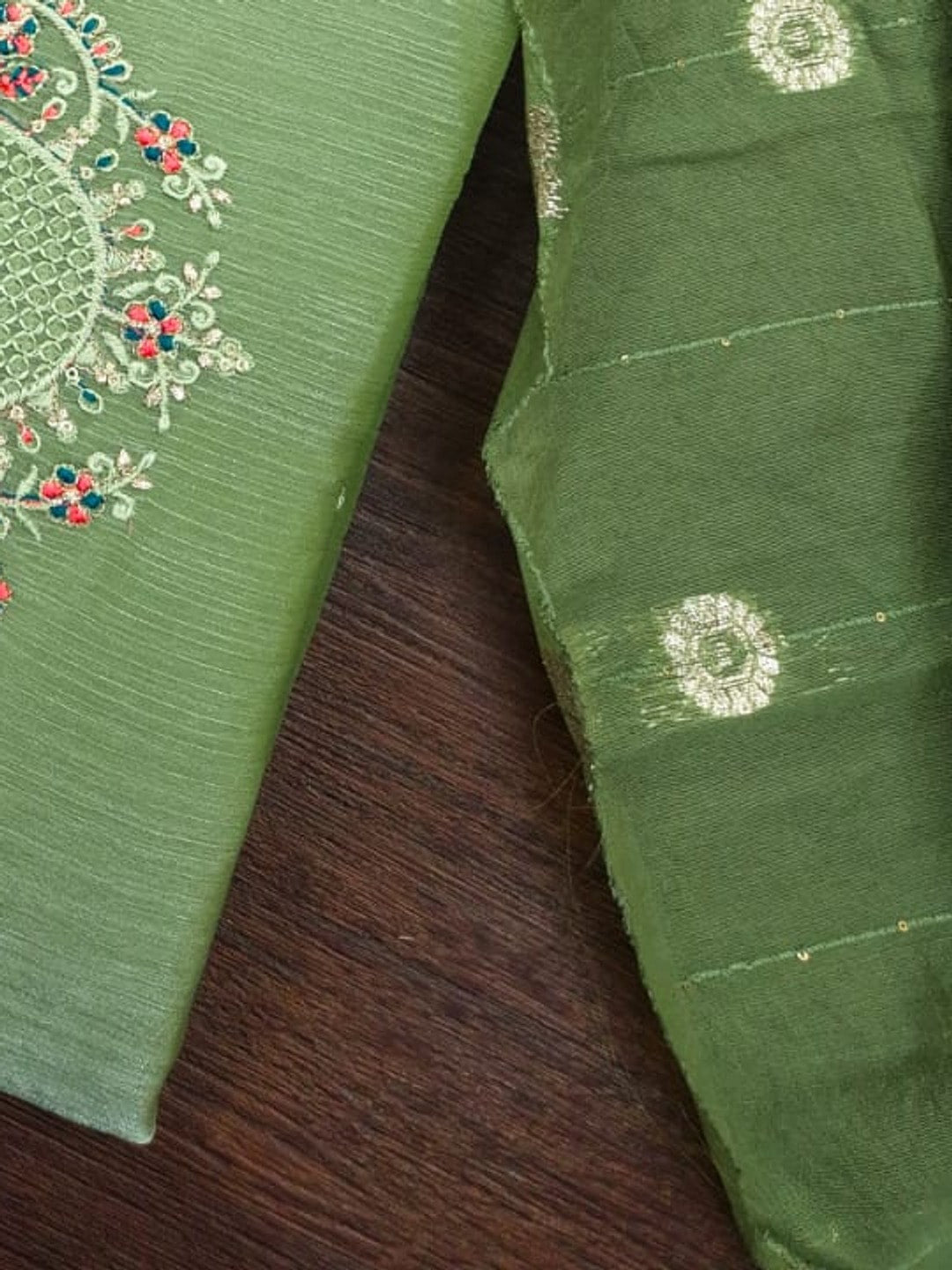 Peachmode Green Barbari Silk Unstitched Dress Material With V-Neck Floral Thread Embroidery - Image 6