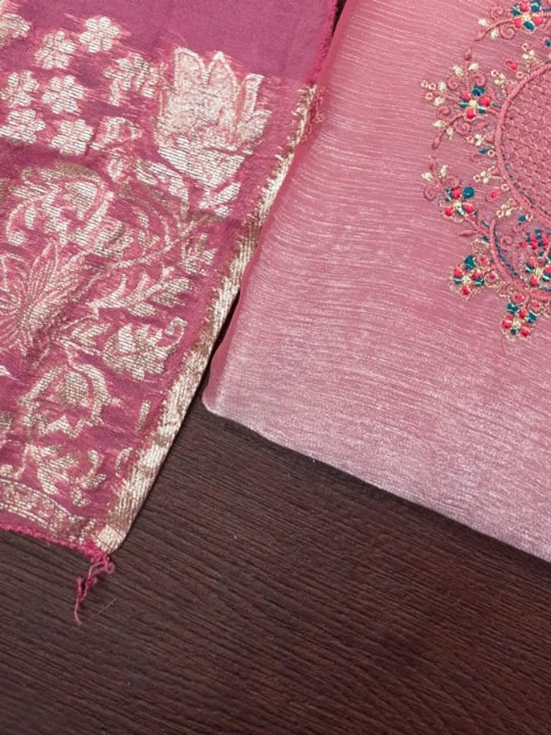 Peachmode Pink Barbari Silk Unstitched Dress Material With V-Neck Floral Thread Embroidery - Image 6