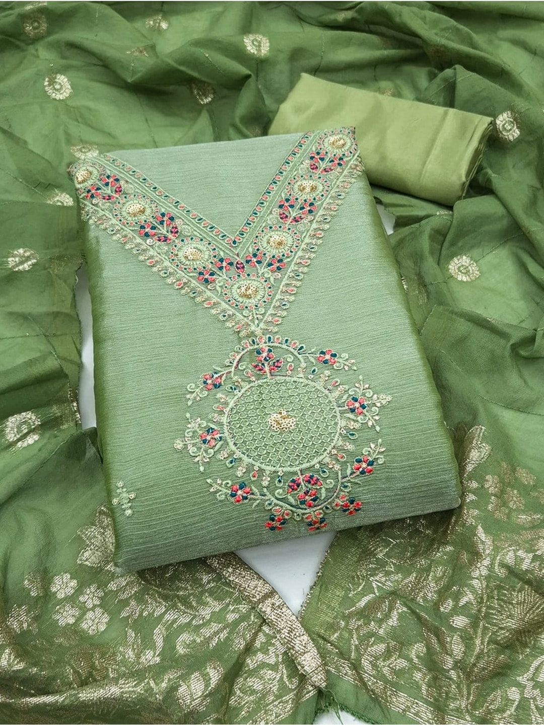 Peachmode Green Barbari Silk Unstitched Dress Material With V-Neck Floral Thread Embroidery - Image 2