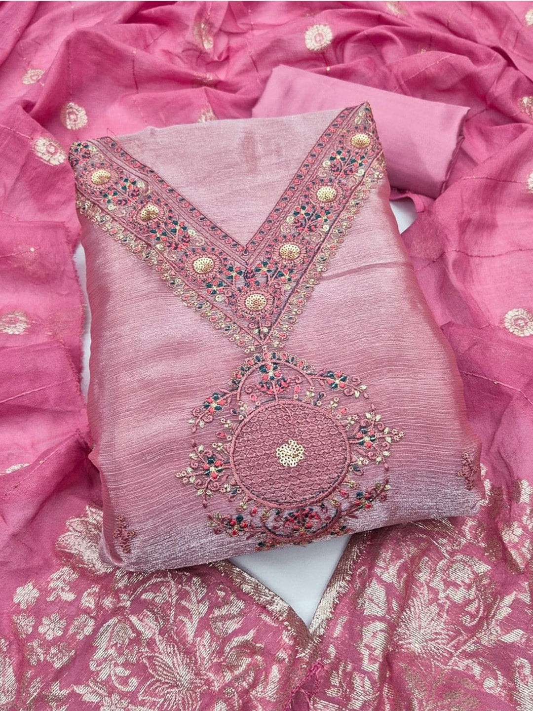 Peachmode Pink Barbari Silk Unstitched Dress Material With V-Neck Floral Thread Embroidery - Image 2