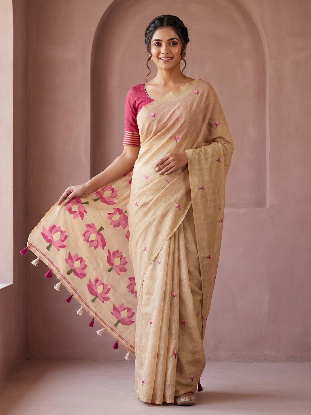 Peachmode Beige Rumali Cotton Saree With Jacquard Butta And Lotus Print Pallu - Image 1