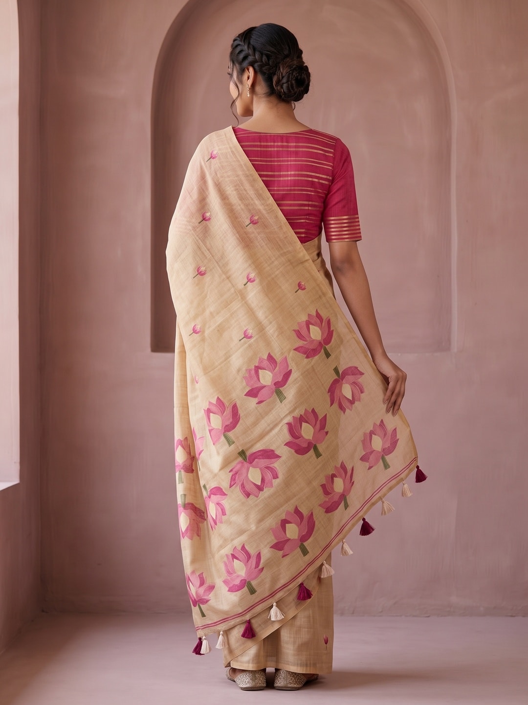 Peachmode Beige Rumali Cotton Saree With Jacquard Butta And Lotus Print Pallu - Image 2