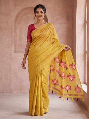 Peachmode Mustard Rumali Cotton Saree With Jacquard Butta And Lotus Print Pallu - Image 1