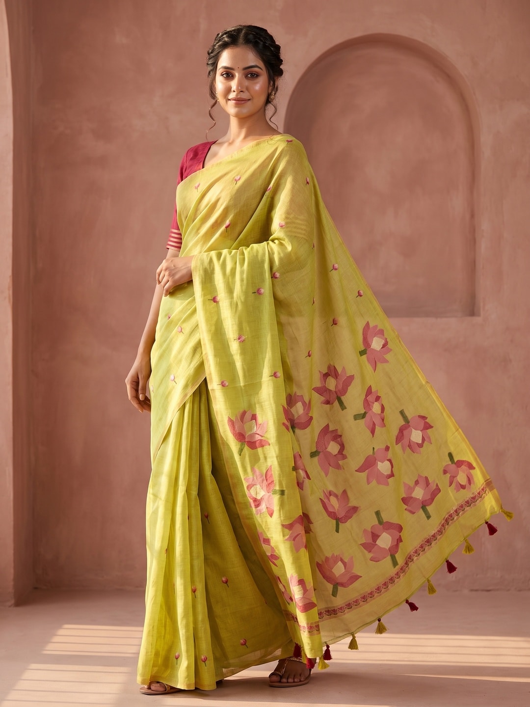 Peachmode Lime Green Rumali Cotton Saree With Jacquard Butta And Lotus Print Pallu - Image 1