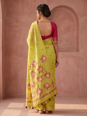 Peachmode Lime Green Rumali Cotton Saree With Jacquard Butta And Lotus Print Pallu - Image 2