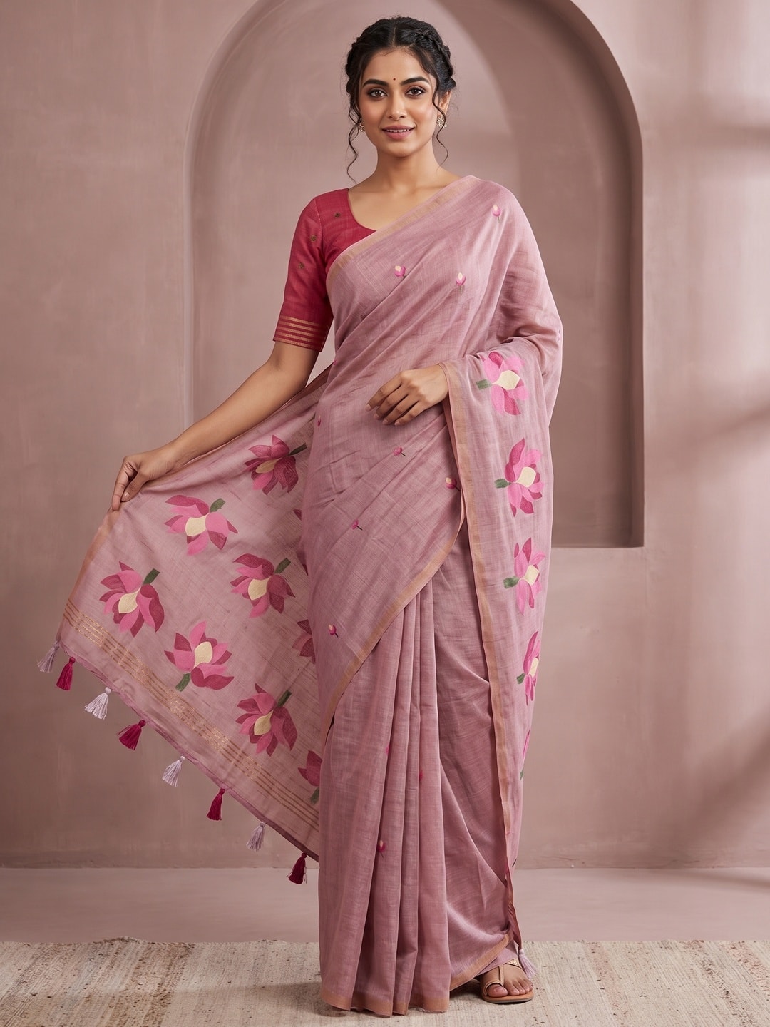 Peachmode Mauve Rumali Cotton Saree With Jacquard Butta And Lotus Print Pallu - Image 1