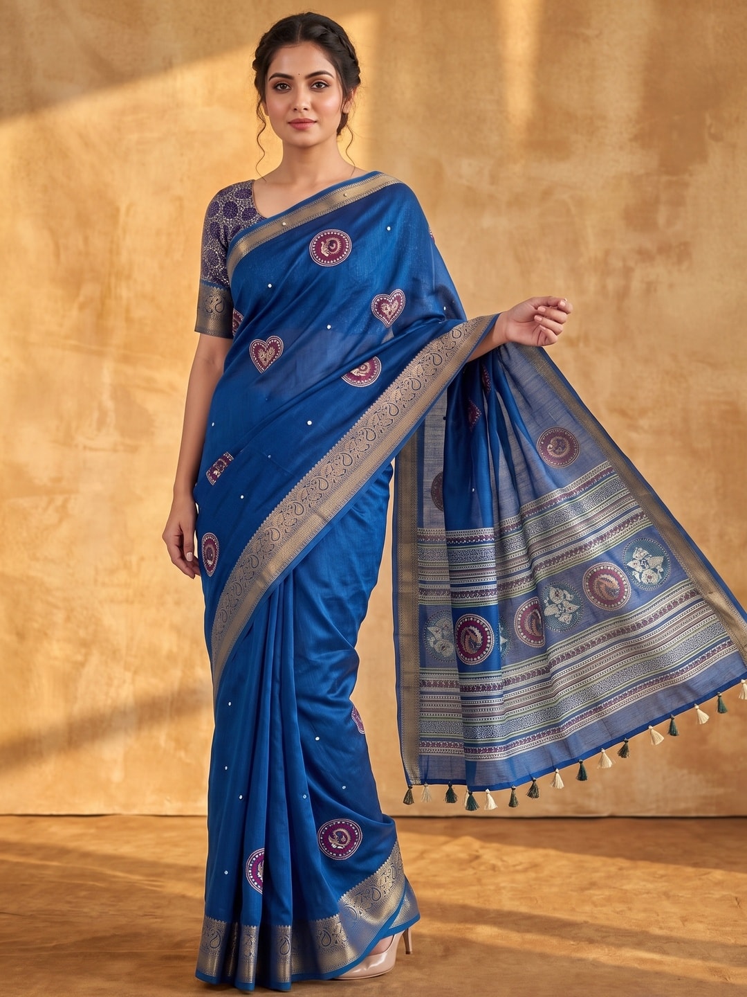 Peachmode Blue Benny Cotton Saree With Aari Mirror Work And Jacquard Border - Image 1