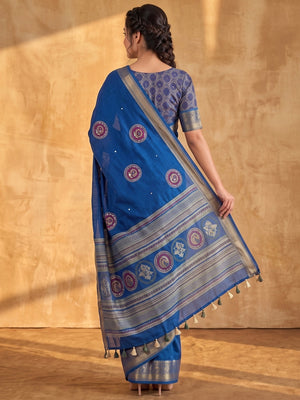 Peachmode Blue Benny Cotton Saree With Aari Mirror Work And Jacquard Border - Image 2