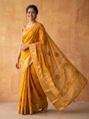 Peachmode Mustard Benny Cotton Saree With Aari Mirror Work And Jacquard Border - Image 1